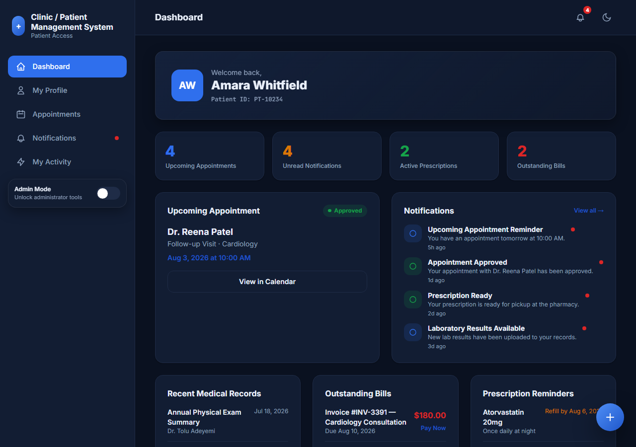 Patient Portal dashboard screenshot
